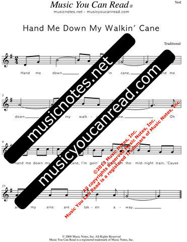 "Hand Me Down My Walkin' Cane" Lyrics, Text Format