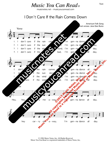 "I Don't Care if the Rain Comes Down," Lyrics, Text Format