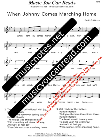 "When Johnny Comes Marching Home," Lyrics, Text Format